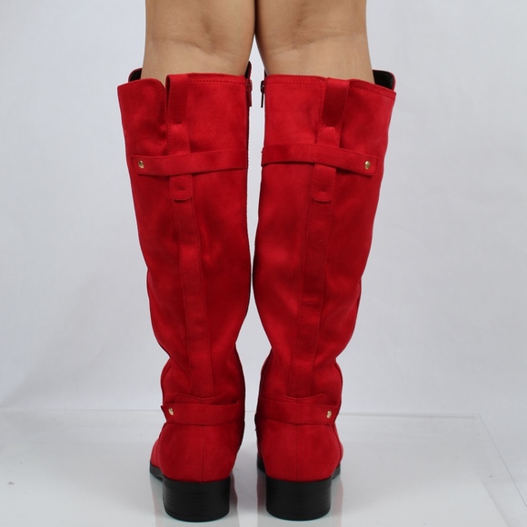 Red faux suede pull on tab knee high boot - Picture 6 of 8